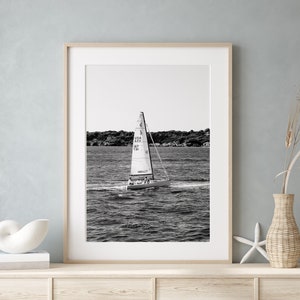 Sailboat Print, Black and White Beach Travel Photography, Nautical Wall Art, New England Newport RI, Coastal Wall Decor for Beach House
