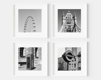 Set of 4 London Prints, 12X12 Square Print Set, Travel Photography, London Photography, Square Black and White Prints for Gallery Wall