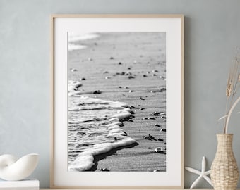 Strandprint, zwart-witte oceaangolvenfotografie, modern kustmuurdecor, kunst aan de grote muur voor strandhuis, woonkamer of Airbnb