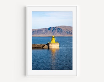 Reykjavik Iceland Nordurgardi Lighthouse Print, Old Harbour Yellow Lighthouse, Beach Photography, Coastal Wall Decor, Nautical Wall Art