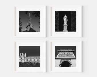 Paris Print Set, Four Paris Prints 10x10, Eiffel Tower Wall Decor, Black and White Travel Photography, French Photography, Gallery Wall Art