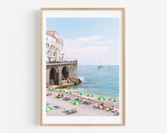 Amalfi Coast Italy, Beach Umbrella Print, Mediterranean Wall Art, Italy Travel Photography, Coastal Wall Art for Beach House Living Room