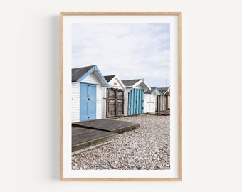 Lyme Regis English Bathing Boxes, Coastal Wall Decor, Neutral Beach House Decor, Beach Cottage Wall Art, Muted Beach Print for Living Room