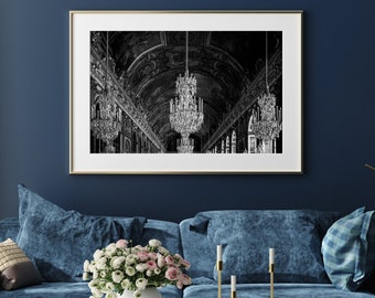 Black and White Chandelier Print, Palace of Versailles Hall of Mirrors, Paris Photography, Glam Wall Decor, Girly Art for Glam Room Decor