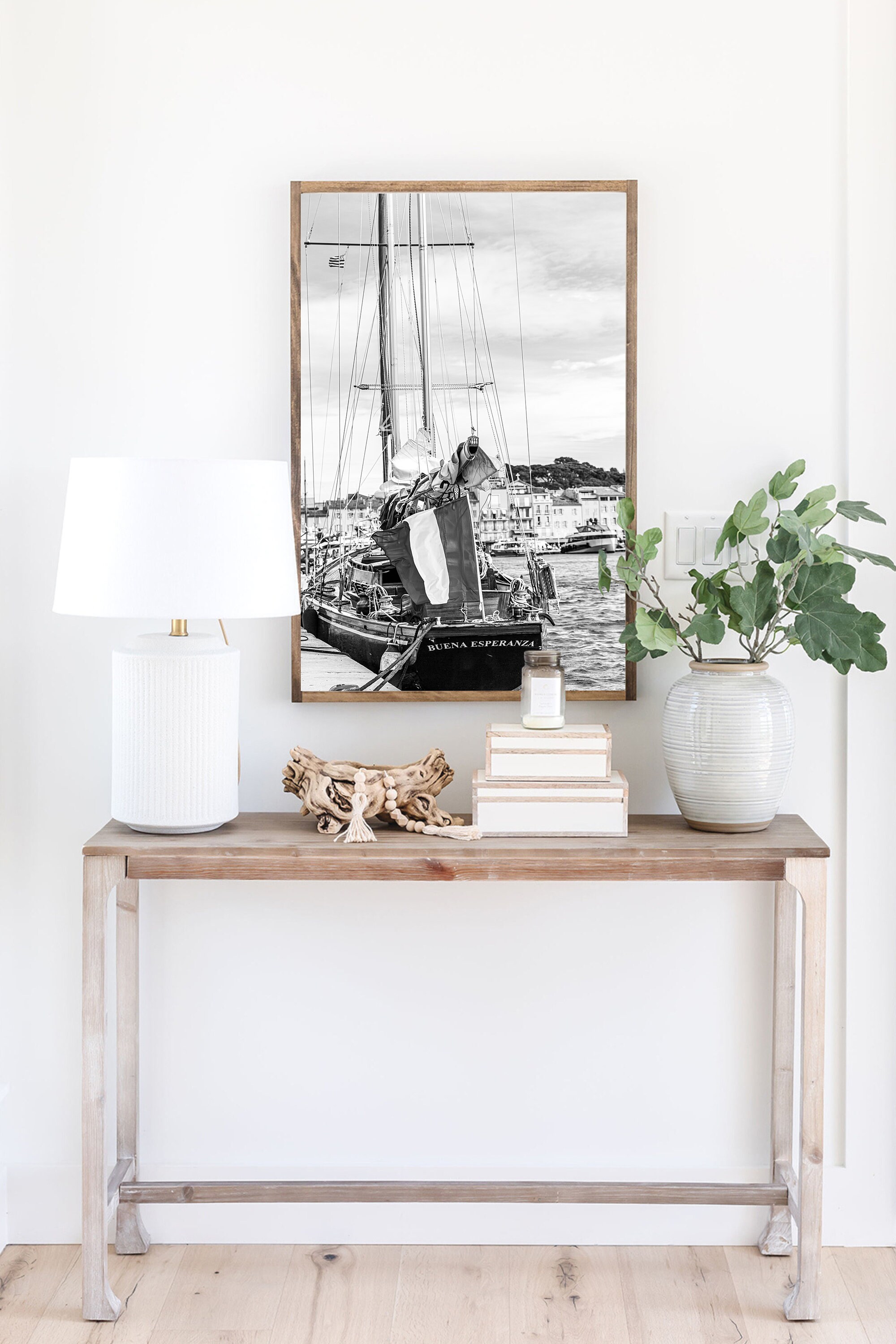 Black and White Coastal Wall Decor, Sailboat Print, South of France