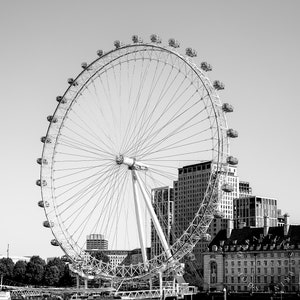 Black and white photography print of the London Eye ferris wheel.