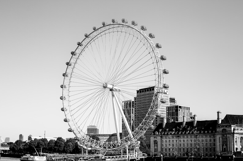 Black and white photography print of the London Eye ferris wheel.