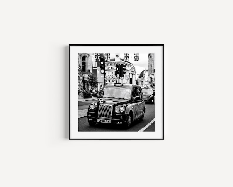 Square black and white London taxi cab photography print