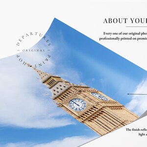 Big Ben London landmark photography print with blue skies and clouds in the background