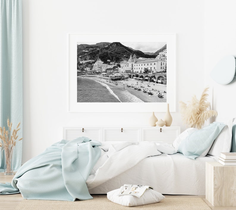 Black and white Amalfi Coast Italy beach photography print