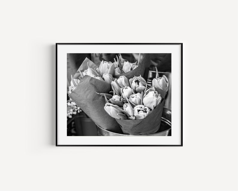Black and White Flower Market Print, Tulips, Flower Wall Art, Botanical Art, Flower Photography, Floral Nursery Wall Decor, Girly Wall Art image 1