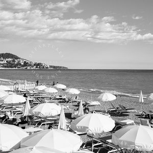 Black and White Beach Umbrella, French Riviera Aerial Beach Print, Cote D'Azur Neutral Beach Photography, Coastal Wall Decor for Living Room image 2
