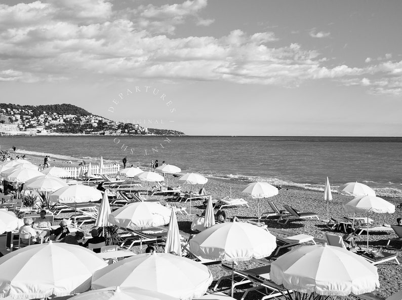 Black and White Beach Umbrella, French Riviera Aerial Beach Print, Cote D'Azur Neutral Beach Photography, Coastal Wall Decor for Living Room image 2