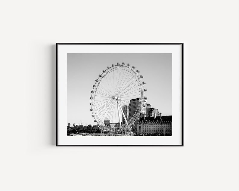 Black and White London Eye Ferris Wheel, London Photography, Ferris Wheel Print, Large Wall Art, England Travel Poster, British Wall Decor image 1