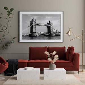 Black and white Tower Bridge travel photography print taken in London, England.