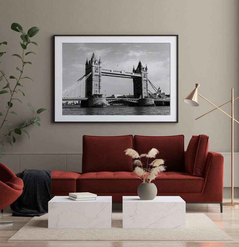 Black and white Tower Bridge travel photography print taken in London, England.