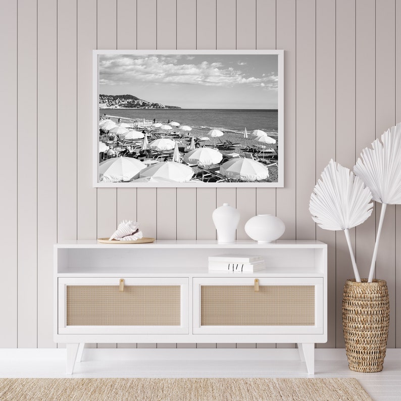 Black and White Beach Umbrella, French Riviera Aerial Beach Print, Cote D'Azur Neutral Beach Photography, Coastal Wall Decor for Living Room image 6