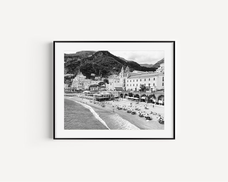 Black and white Amalfi Coast Italy beach photography print