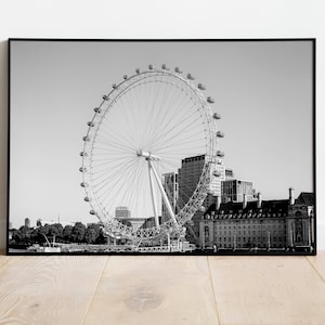 Black and white photography print of the London Eye ferris wheel.