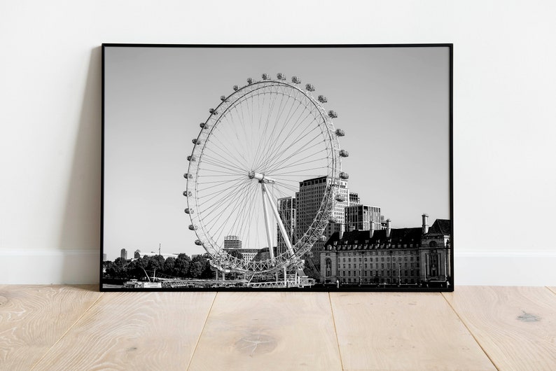 Black and white photography print of the London Eye ferris wheel.