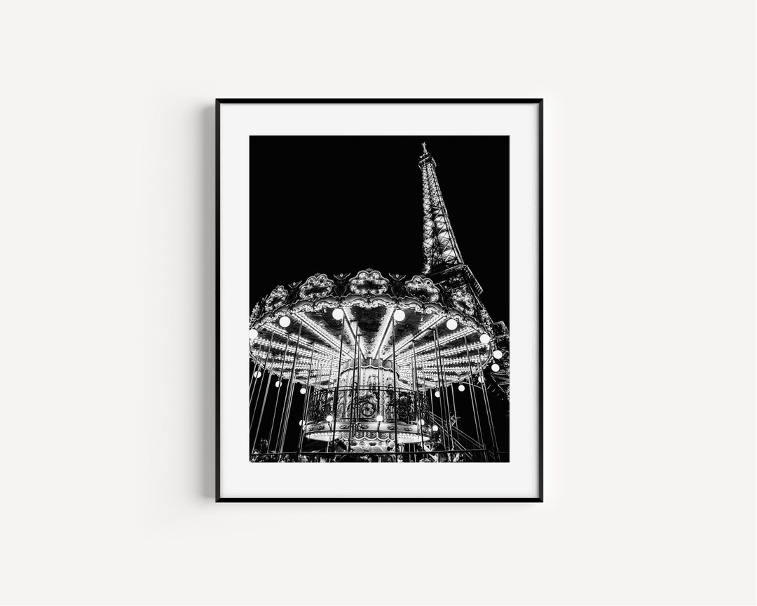 Black and White Eiffel Tower Carousel Print, Eiffel Tower at Night, Travel Photography, Large