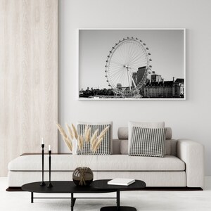 Black and white photography print of the London Eye ferris wheel.