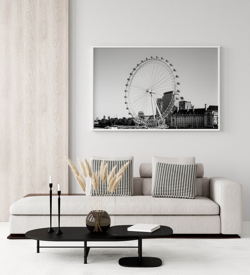 Black and white photography print of the London Eye ferris wheel.