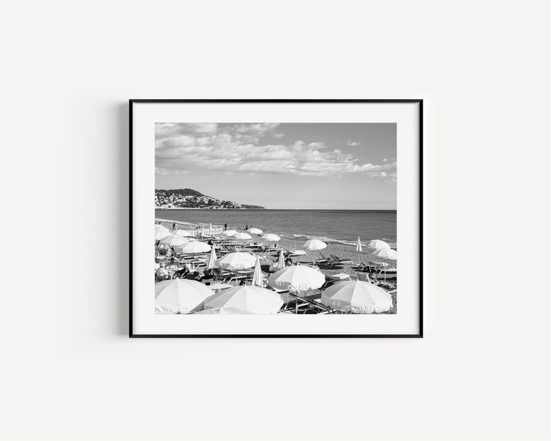 Black and White Beach Umbrella, French Riviera Aerial Beach Print, Cote D'Azur Neutral Beach Photography, Coastal Wall Decor for Living Room image 1