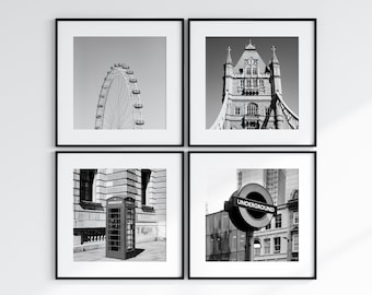 London Print Set, Set of 4 Prints, 8X8 Square Prints, Black and White London Travel Photography, Travel Wall Art for Gallery Wall or Office