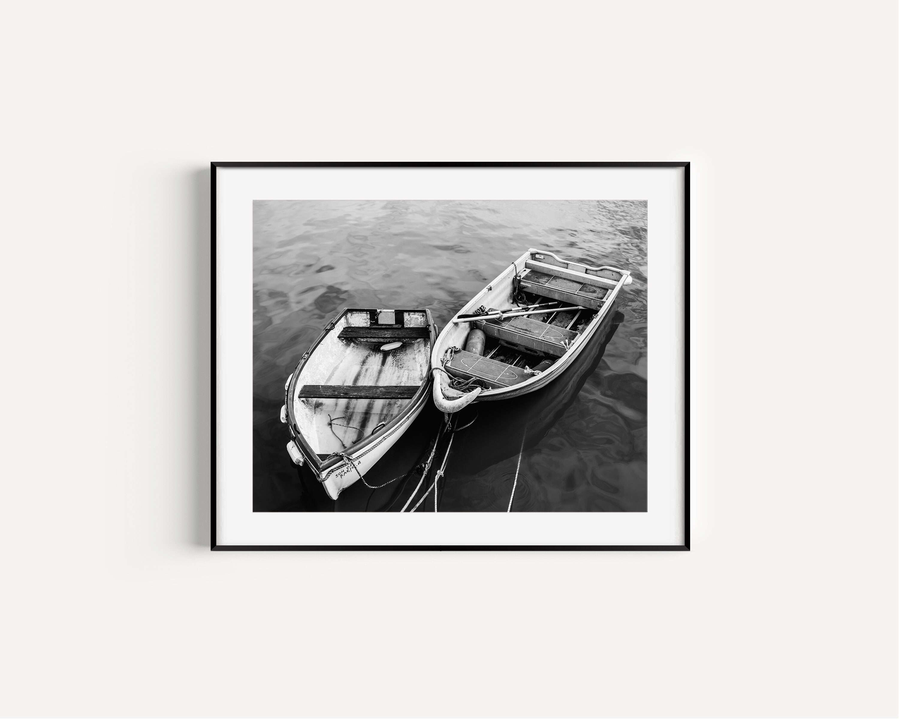 Black and White Wooden Boat Print: Coastal Nautical Wall Art