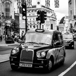 Square black and white London taxi cab photography print