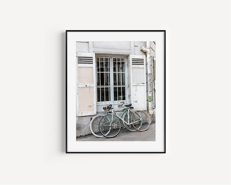 Neutral Bike Print, Montmartre Paris Street Photography, Bicycle Wall Decor, Europe Travel Poster, Minimalist Wall Art, Cycling Poster image 1