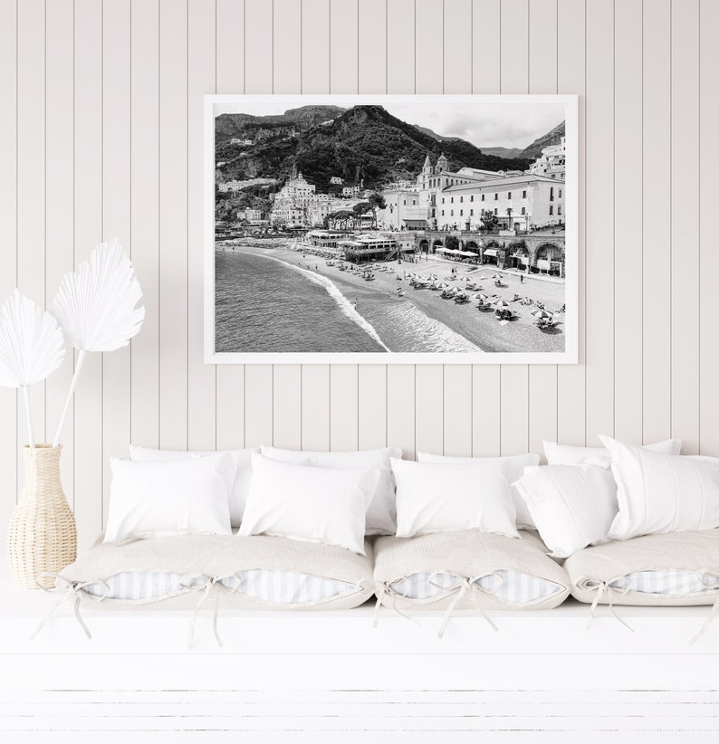 Black and white Amalfi Coast Italy beach photography print