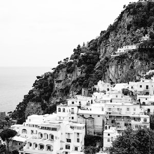 Black and white photography print of Positano Italy along the Amalfi Coast.