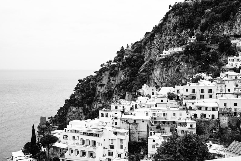 Black and white photography print of Positano Italy along the Amalfi Coast.