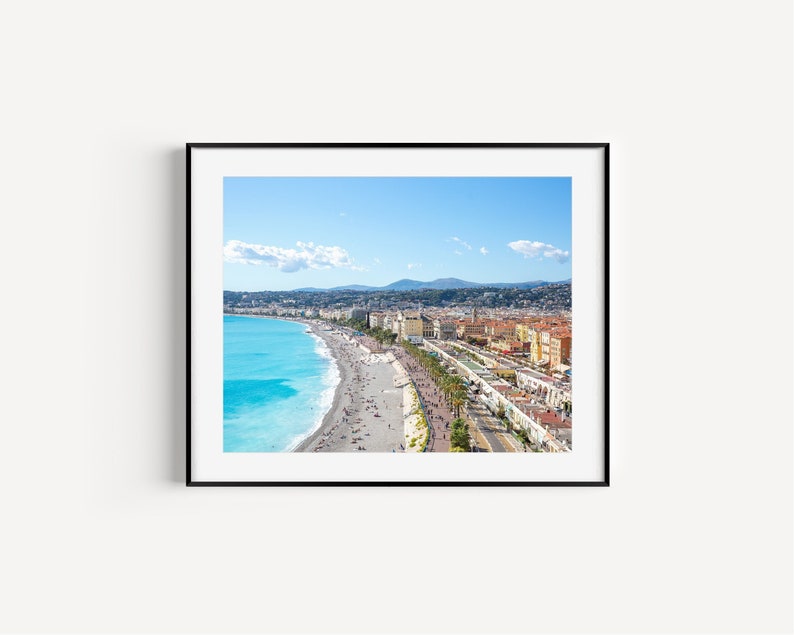 Cote d'Azur Nice, France skyline photography print featuring the Promenade des Anglais and ocean.