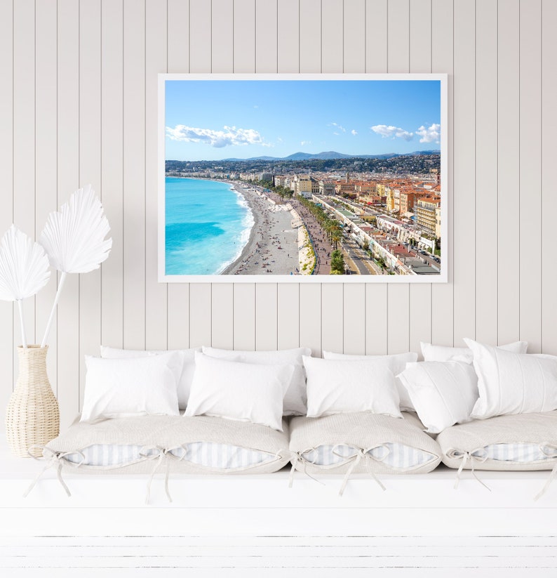 Cote d'Azur Nice, France skyline photography print featuring the Promenade des Anglais and ocean.