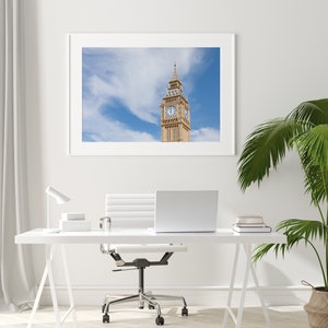 Big Ben London landmark photography print with blue skies and clouds in the background