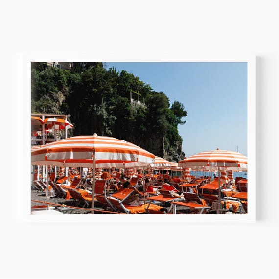 Arienzo Beach Club Print, Amalfi Coast Art, Orange Beach Umbrella Print, Positano Photography, Italian Summer Wall Art for Living Room