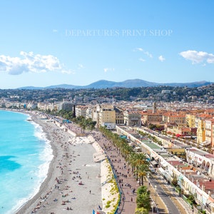 Cote dAzur Nice, France skyline photography print featuring the Promenade des Anglais and ocean.