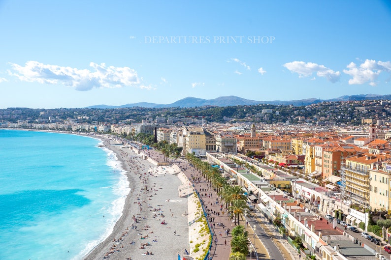 Cote dAzur Nice, France skyline photography print featuring the Promenade des Anglais and ocean.