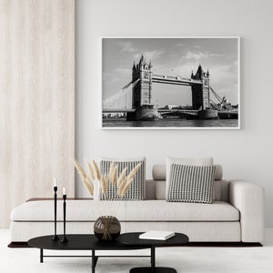 Black and white Tower Bridge travel photography print taken in London, England.