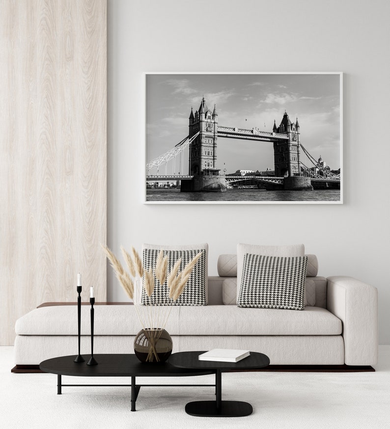 Black and white Tower Bridge travel photography print taken in London, England.