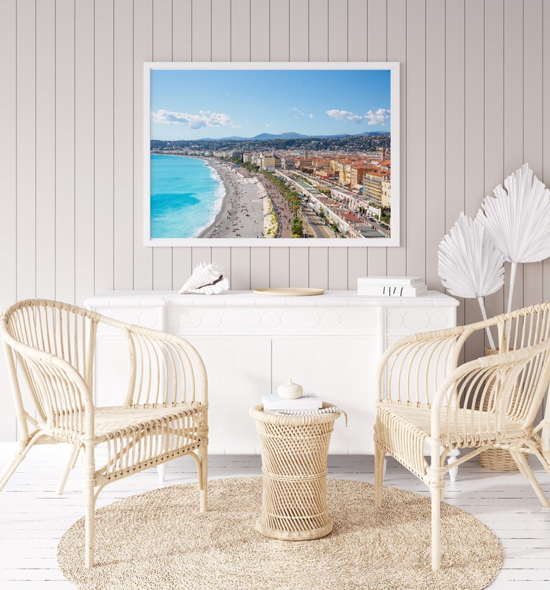 Cote d'Azur Nice, France skyline photography print featuring the Promenade des Anglais and ocean.