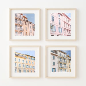 Set of Four French Riviera Prints, 8X8 Cote D&#39;Azur Prints, Pastel Pink Wall Art, French Photography, South of France Poster, Gallery Wall