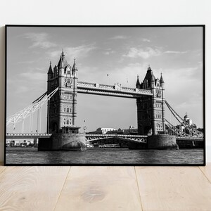 Black and white Tower Bridge travel photography print taken in London, England.