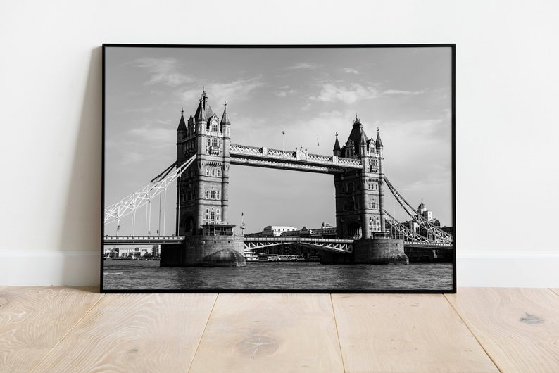 Black and white Tower Bridge travel photography print taken in London, England.