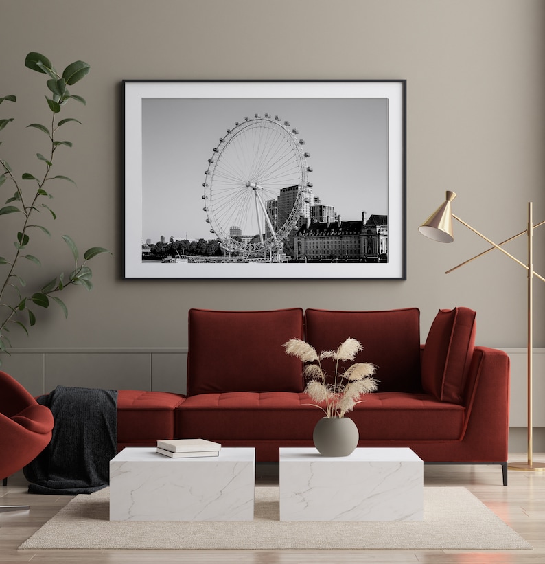 Black and white photography print of the London Eye ferris wheel.