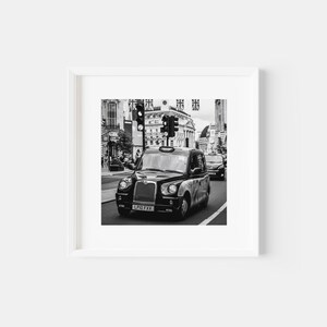 Square black and white London taxi cab photography print
