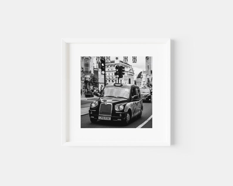 Square black and white London taxi cab photography print